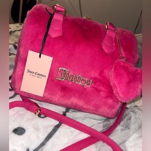 Pink Fluffy BIG Juicy Couture Purse Love Satchel, Heart Keychain & Gold accents
